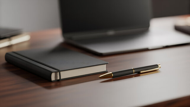 Photo of a sleek black notebook rests on a wooden desk next to a pen and a closed laptop