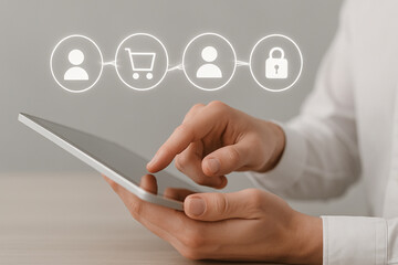 High quality photo of hands using modern tablet with glowing digital icons representing ecommerce process secure payment technology interaction