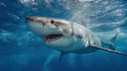 Naklejka premium A great white shark glides through clear blue water showcasing its powerful body and sharp teeth. Sunlight filters through the surface illuminating its surroundings.