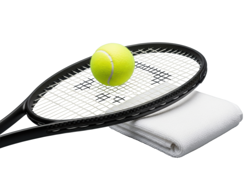 A sleek black tennis racket with white strings, a yellow fuzzy tennis ball balanced on it, and a folded white cotton towel, on a transparent studio background. High-quality sports equipment concept