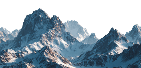 Majestic snow covered mountain peaks, isolated on transparent cutout background