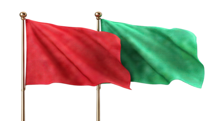 Red and green cloth flags fluttering on poles, isolated on transparent cutout background