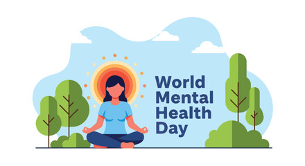 Flat style illustration of a woman meditating outdoors for World Mental Health Day, representing mindfulness, inner peace, and the importance of balance for emotional wellbeing