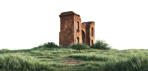 Ruined brick building in grassy field, isolated on transparent cutout background