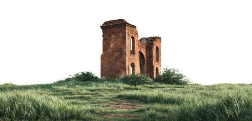 Ruined brick building in grassy field, isolated on transparent cutout background
