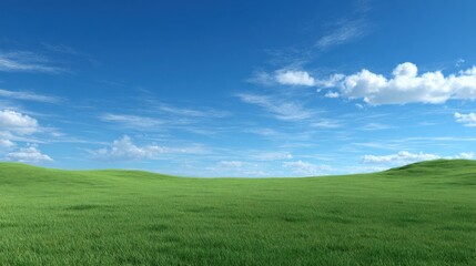 Obraz premium Lush green grass covers rolling hills beneath a vibrant blue sky filled with wispy clouds. The scene captures a tranquil and sunny atmosphere ideal for outdoor activities.