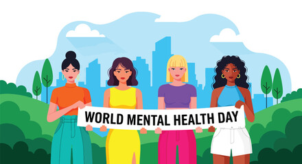 Flat style illustration of a group of people holding a banner for World Mental Health Day, symbolizing unity, awareness, and support for emotional wellbeing in a community setting