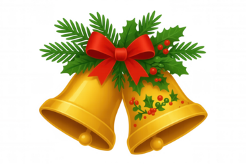 Golden christmas bells with red bow, holly leaves, and pine branches, celebrating winter holiday traditions