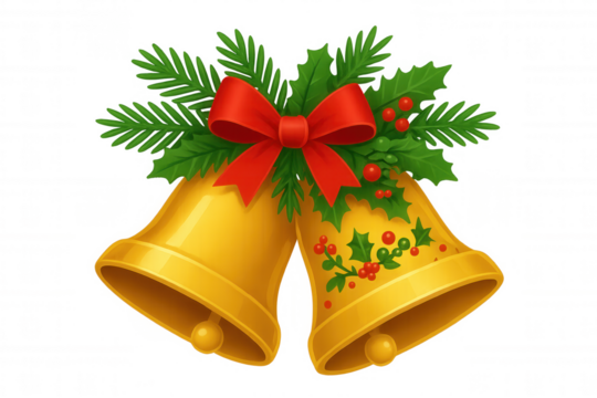 Golden christmas bells with red bow, holly leaves, and pine branches, celebrating winter holiday traditions