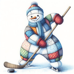 Funny patchwork snowman ice hockey player with stick in action, cute playful winter watercolor illustration