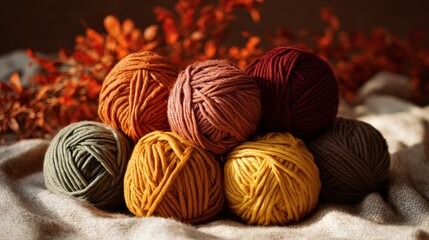 Chunky merino wool yarn balls. Warm autumn colors. Cozy crafting aesthetic