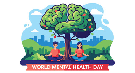 Flat style illustration of people meditating outdoors under a brain tree for World Mental Health Day, symbolizing relaxation, mindfulness, and emotional balance in a healthy lifestyle
