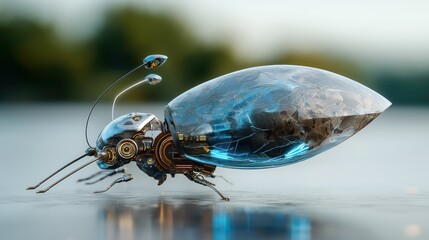 Futuristic symbiotic device with bioluminescent tissue and metallic components hovering above reflective surface.