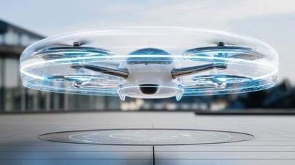 Futuristic hovering drone with glowing engines and holographic interface above metallic platform in sunlight.
