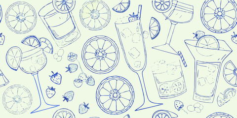Refreshing summer drinks and citrus fruits hand drawn sketch pattern on light background