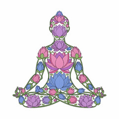 Creative vector art of a yogi's body filled with blooming lotus flowers, a symbol of enlightenment, purity, and spiritual awakening