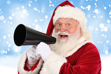 Festive announcement by a joyful character in a red suit.