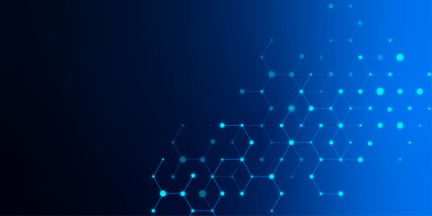Abstract futuristic background featuring glowing blue hexagon nodes on a dark gradient. Modern digital network design symbolizing technology. Futuristic digital hexagon network with glowing blue nodes