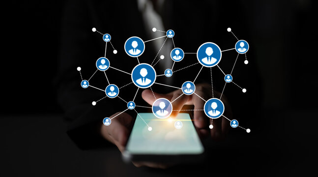 This image illustrates an abstract concept of social networking via a smartphone. User icons connect through lines, symbolizing digital interactions and modern communication. Tessel