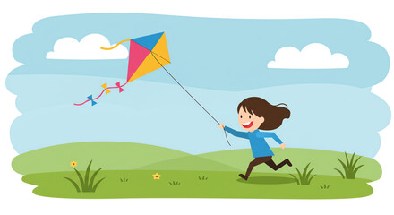 Girl flying kite in grassy field under blue sky