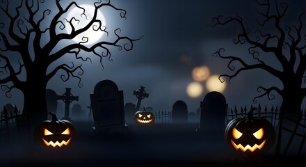 Eerie Halloween night scene featuring glowing jack-o'-lanterns, ancient gravestones, and twisted trees under a mysterious full moon, creating a dark and atmospheric seasonal backdrop