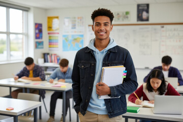 A man standing in a classroom holding a notebook