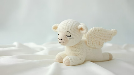 A delicate white knitted angel plush with small wings rests on soft fabric, creating a serene, cozy scene ideal for nurseries, kids’ rooms, gifts, or holiday décor.