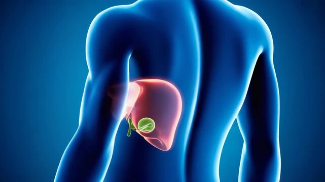 Medical illustration renders of the human liver organ and its relation the gall bladder in a blue anatomy background medical theme