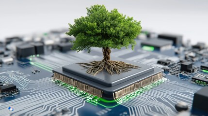 Green tree growing on computer chip with roots blending into circuit board, symbolizing technology meeting nature.