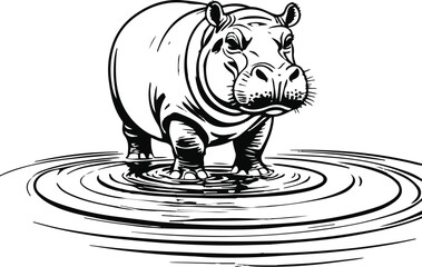 Hippo standing in water with ripple effect, bold outline