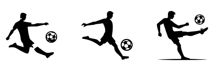 Modern Minimalist Men Jumping and Kicking Football Icon, Flat Silhouette of a Sports Action Vector for Athletic Illustration Design