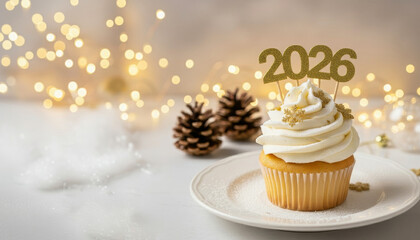 Festive New Year's cupcake with the numbers 2026 with holiday decorations, pine cones and bokeh lights in the background