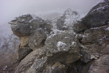 Snowy Mountains of Azerbaijan with Morning Fog
