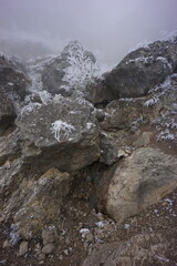 Snowy Mountains of Azerbaijan with Morning Fog