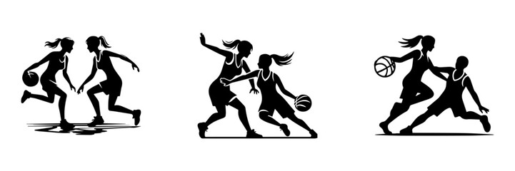Obraz premium Modern Minimalist Women Playing One on One Basketball Icon, Flat Silhouette of a Sports Duel Vector for Athletic Illustration Design