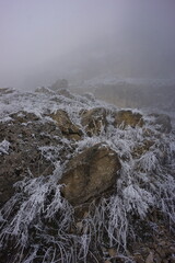 Snowy Mountains of Azerbaijan with Morning Fog