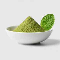 Vibrant, finely ground matcha powder in a transparent matte ceramic bowl with a fresh mint leaf, studio shot from 45-degree angle against transparent. Concept of premium freshness