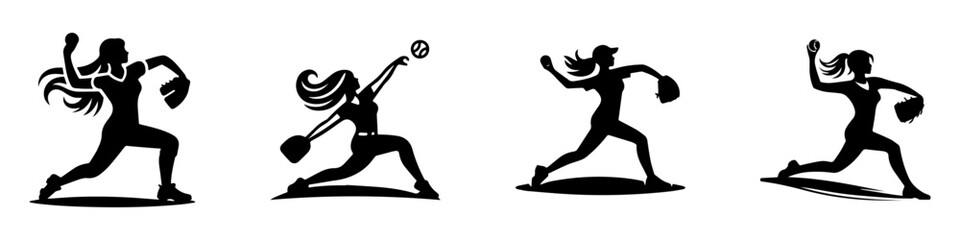 Fototapeta premium Modern Minimalist Woman Playing Baseball Icon, Flat Silhouette of a Sports Action Vector for Athletic Illustration Design