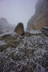 Snowy Mountains of Azerbaijan with Morning Fog