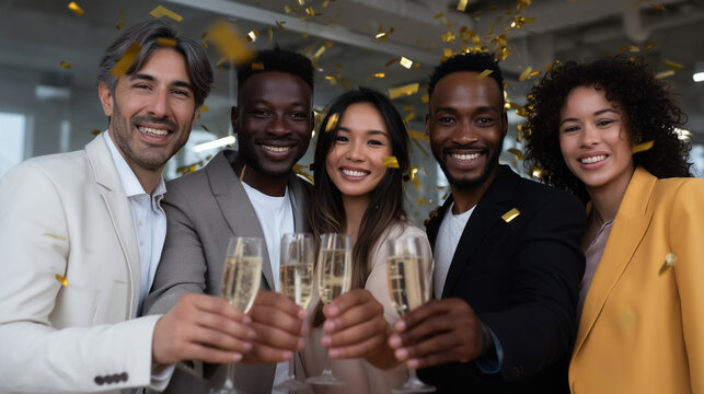 Happy diverse business team celebrating New Year 2026 in modern office, champagne glasses raised, confetti falling, festive atmosphere, teamwork and success concept. business peopl