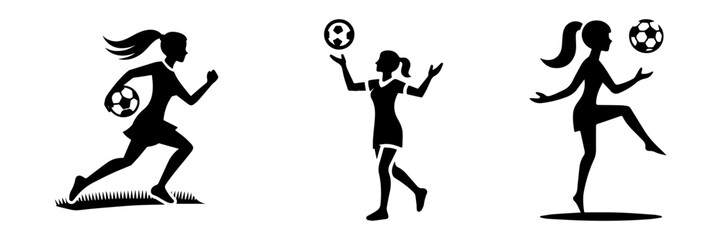 Modern Minimalist Women Juggling Football with Feet Icon, Flat Silhouette of a Sport Athlete Vector for Soccer Illustration Design