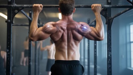 Muscular athlete performs pull-ups at the gym, showcasing back and shoulder muscle definition with detailed body structure graphics