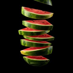  flying Watermelon slices stacked neatly,