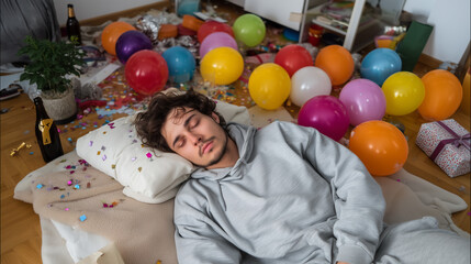 Young man passed out on the floor after wild New Year 2026 party, messy room with balloons, gifts, confetti, empty bottles, funny hangover morning scene. New Year 2026 hangover, ma