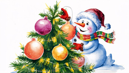 A friendly snowman dresses a colorful scarf while hanging ornaments on a festive Christmas tree in a bright, cheerful winter scene.