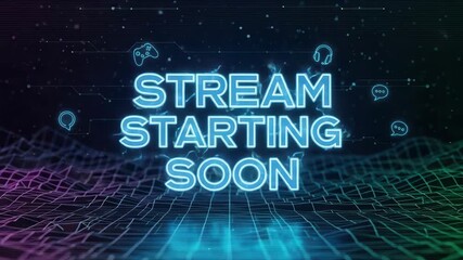 Stream starting soon screen displaying a neon blue message on a digital grid, stream starting soon. Background features floating chat bubbles, headphones, game controllers to signal gaming activity. - Powered by Adobe