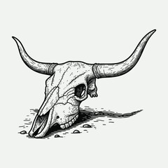 Detailed black and white illustration of a bull skull with long horns lying on the ground, evoking a Western desert aesthetic.