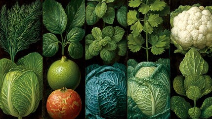Fresh vegetables and herbs arranged in flat lay composition