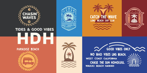 Collection of vintage surf and beach themed graphics with tropical motifs and text