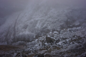 Snowy Mountains of Azerbaijan with Morning Fog